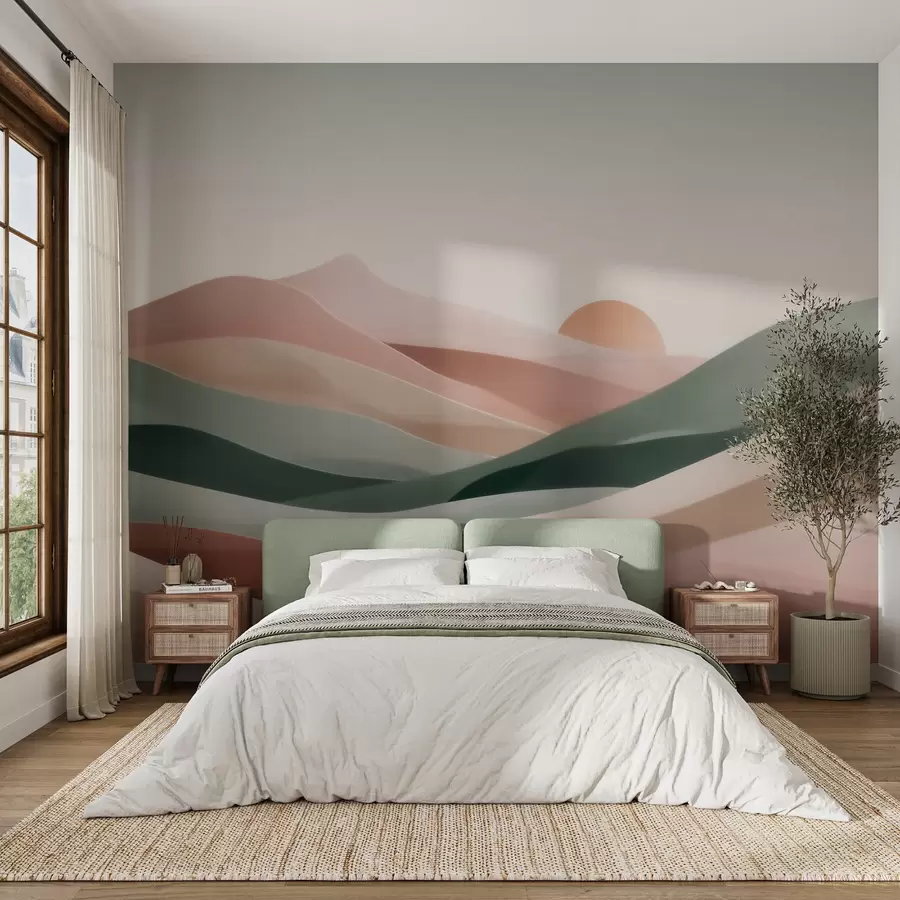 murais de parede Paisagem desértica abstrata numa paleta de tons pastel verde-rosa, minimalismo w09860