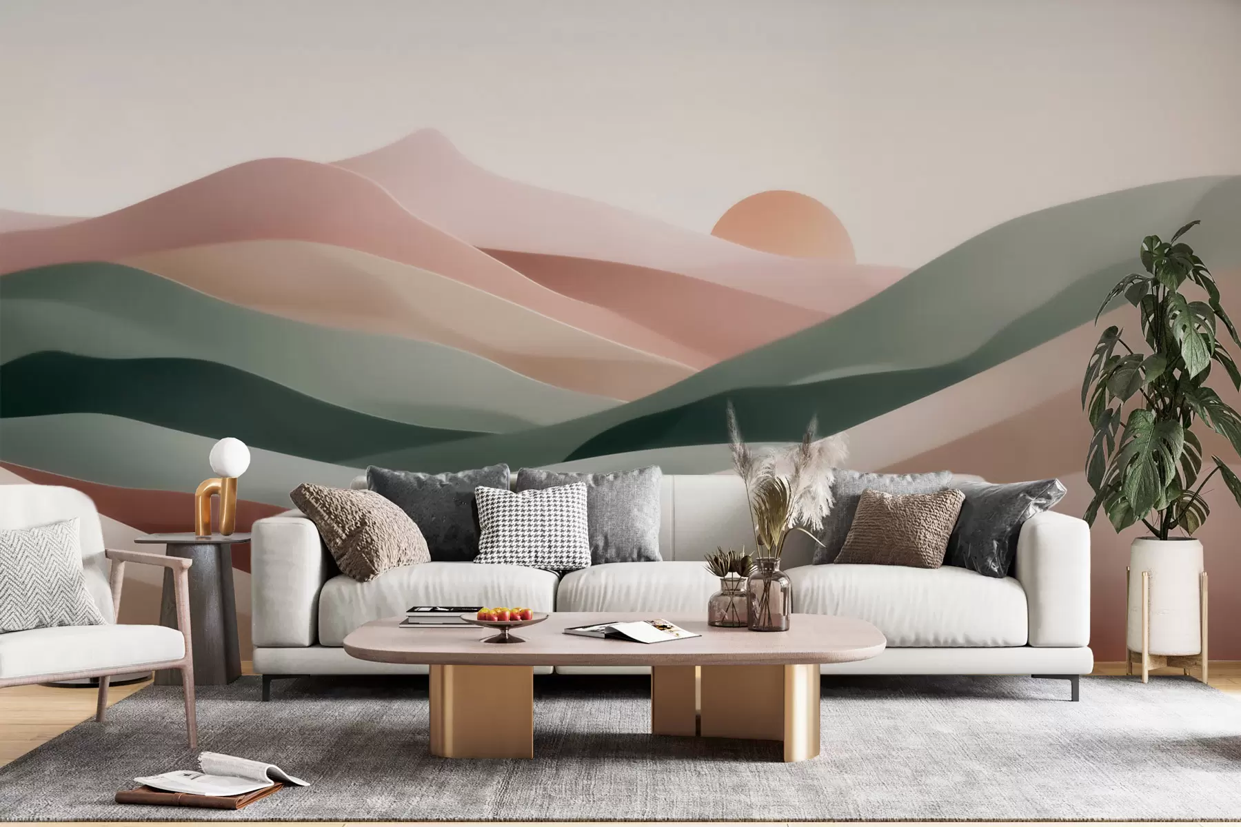 murais de parede Paisagem desértica abstrata numa paleta de tons pastel verde-rosa, minimalismo w09860