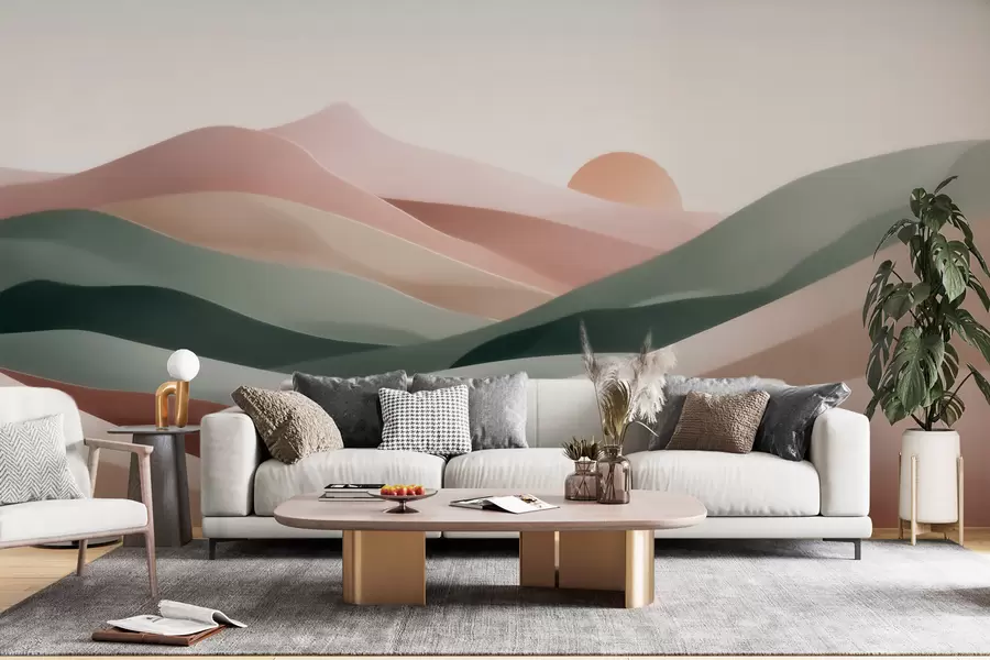 murais de parede Paisagem desértica abstrata numa paleta de tons pastel verde-rosa, minimalismo w09860