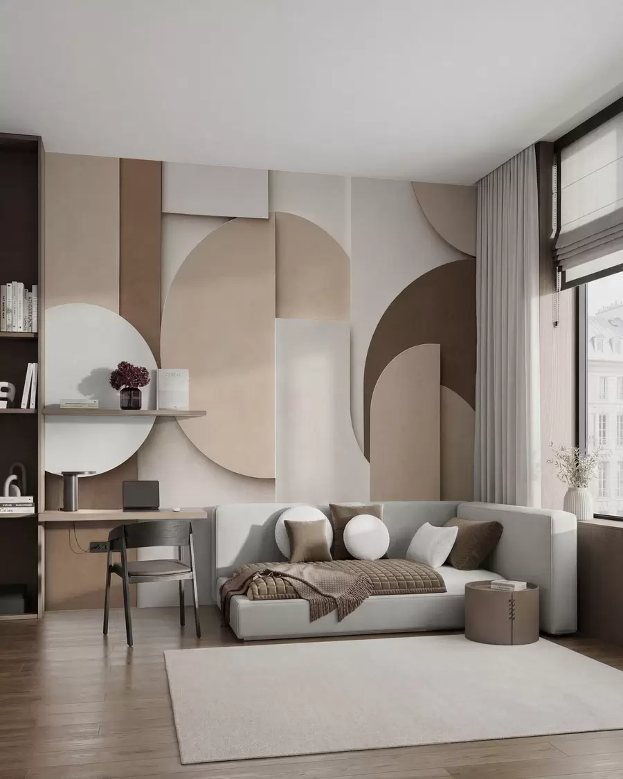 murais de parede Formas geométricas bege texturizadas numa composição 3D em camadas, arte de parede minimalista e moderna w05598