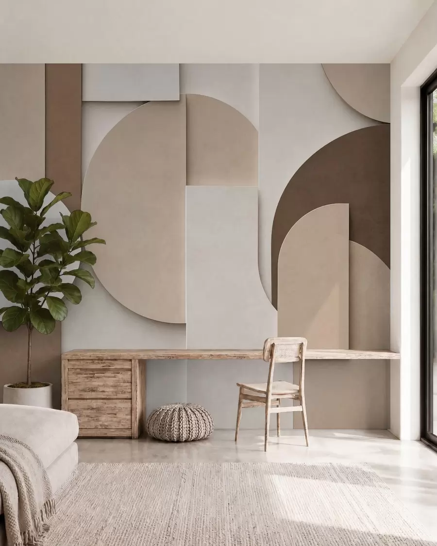 murais de parede Formas geométricas bege texturizadas numa composição 3D em camadas, arte de parede minimalista e moderna w05598