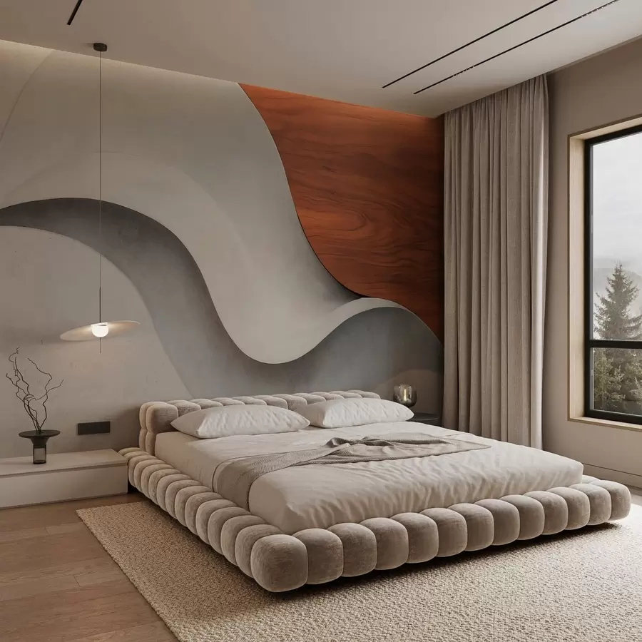 murais de parede Ondas abstratas fluidas com toques quentes de madeira, num design minimalista e contemporâneo w05599