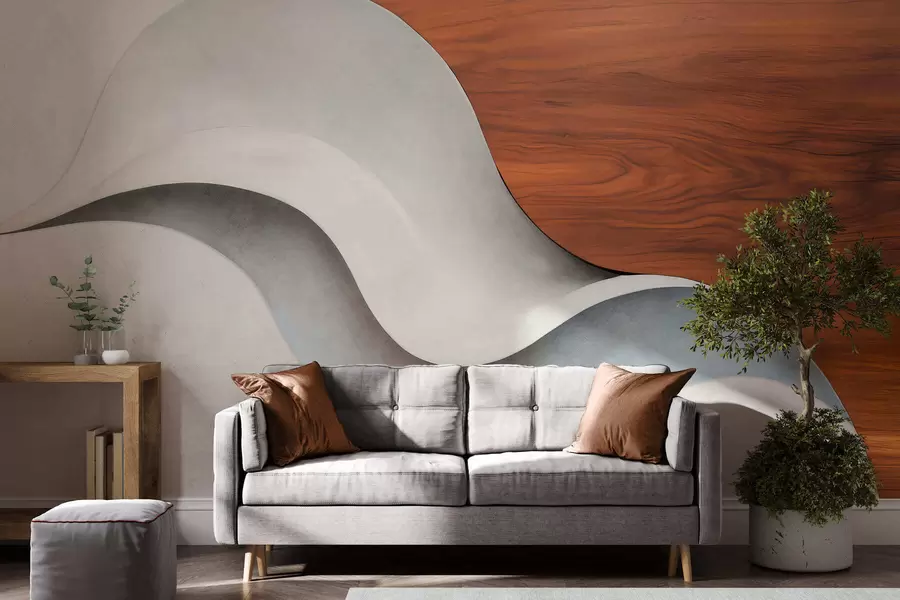 murais de parede Ondas abstratas fluidas com toques quentes de madeira, num design minimalista e contemporâneo w05599