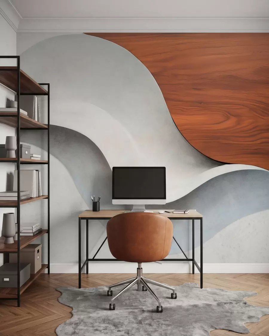 murais de parede Ondas abstratas fluidas com toques quentes de madeira, num design minimalista e contemporâneo w05599