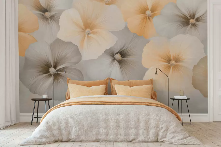murais de parede Flores em tons pastel suaves, com tons de amarelo cremoso e cinza, sobre um fundo delicado w05600