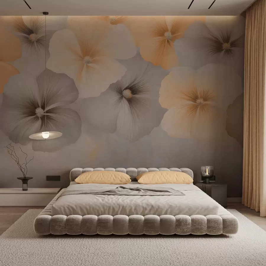 murais de parede Flores em tons pastel suaves, com tons de amarelo cremoso e cinza, sobre um fundo delicado w05600