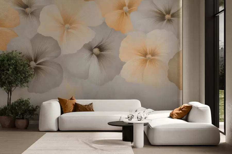 murais de parede Flores em tons pastel suaves, com tons de amarelo cremoso e cinza, sobre um fundo delicado w05600