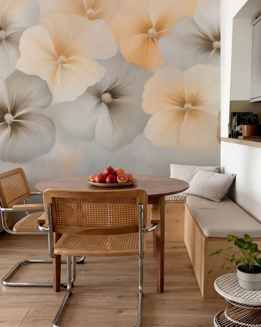 murais de parede Flores em tons pastel suaves, com tons de amarelo cremoso e cinza, sobre um fundo delicado w05600