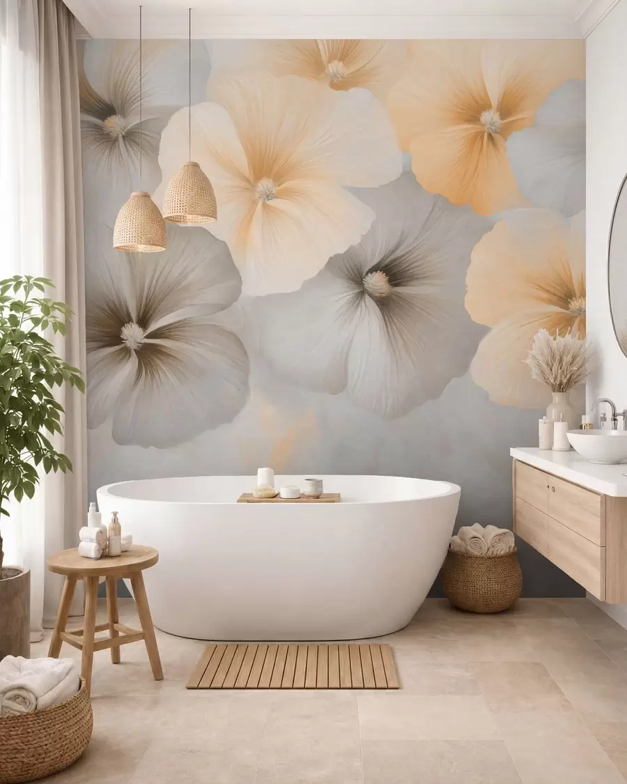 murais de parede Flores em tons pastel suaves, com tons de amarelo cremoso e cinza, sobre um fundo delicado w05600