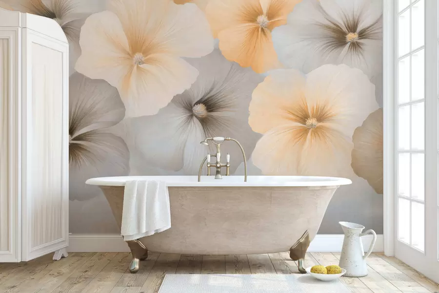 murais de parede Flores em tons pastel suaves, com tons de amarelo cremoso e cinza, sobre um fundo delicado w05600