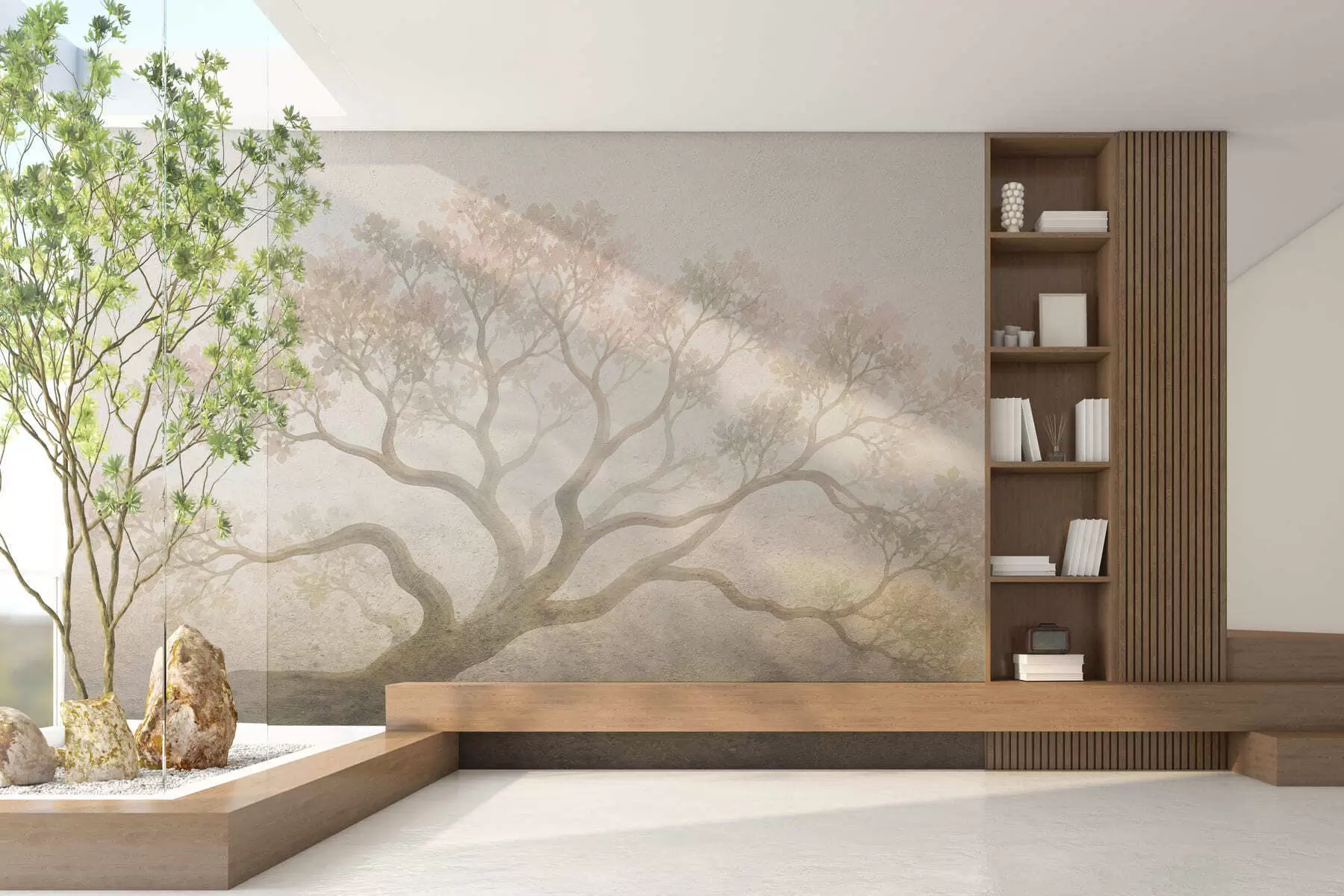 murais de parede Paisagem minimalista de árvores envoltas em neblina, em suaves tons de bege; arte atmosférica e onírica w05602