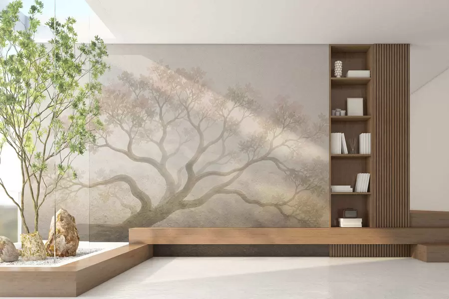 murais de parede Paisagem minimalista de árvores envoltas em neblina, em suaves tons de bege; arte atmosférica e onírica w05602