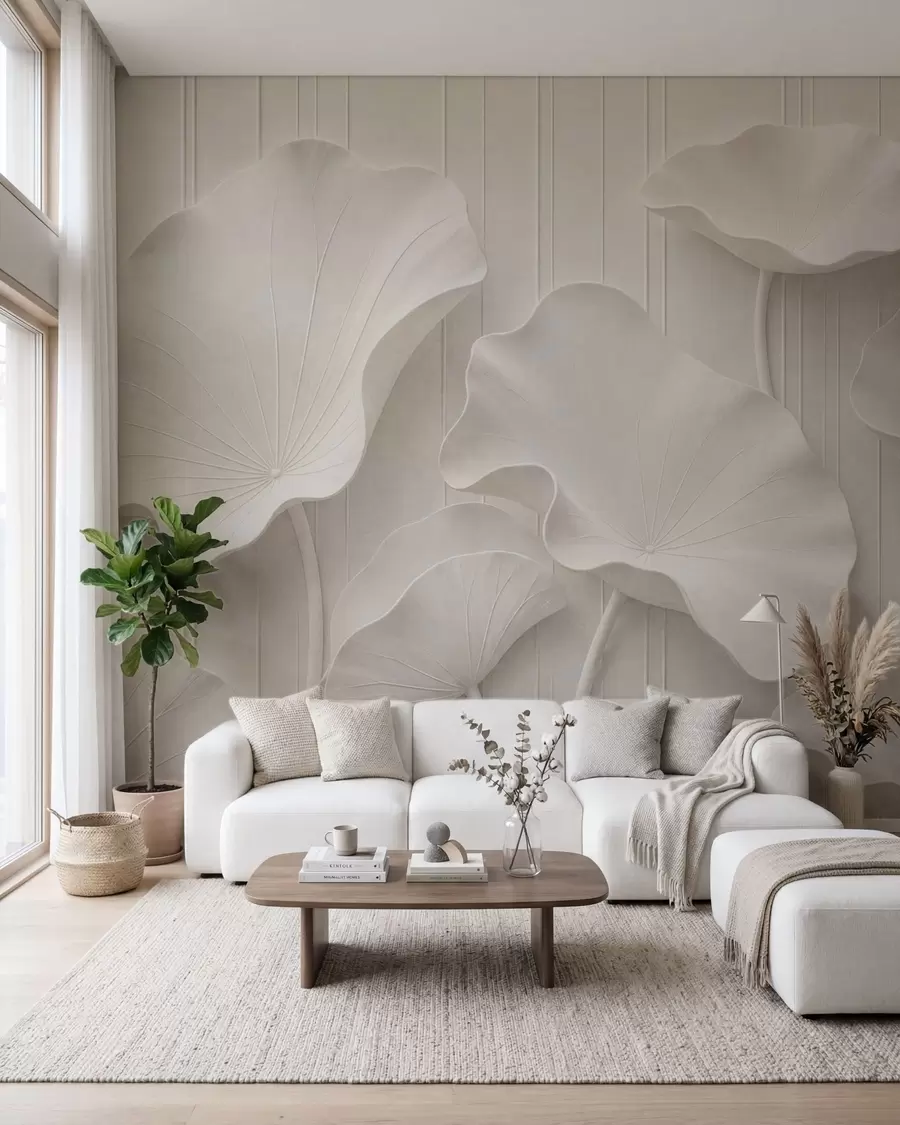 murais de parede Relevo floral escultural branco com pétalas em camadas, elegante decoração de parede em 3D w05604