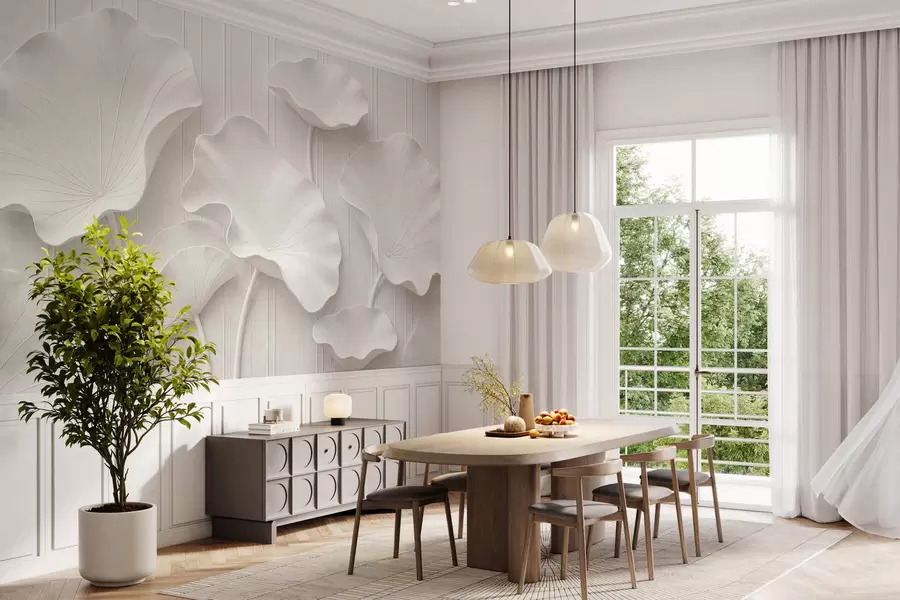 murais de parede Relevo floral escultural branco com pétalas em camadas, elegante decoração de parede em 3D w05604