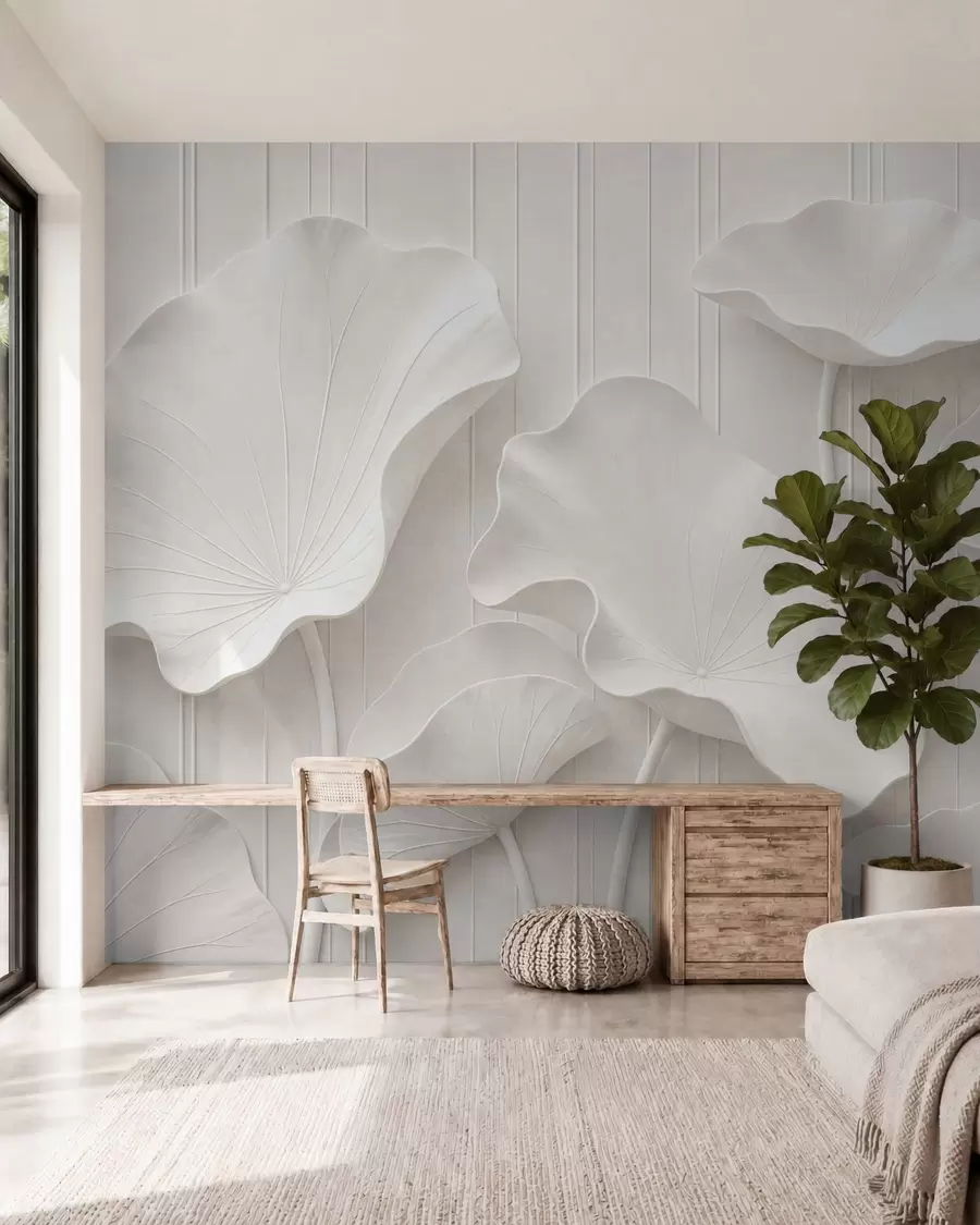 murais de parede Relevo floral escultural branco com pétalas em camadas, elegante decoração de parede em 3D w05604
