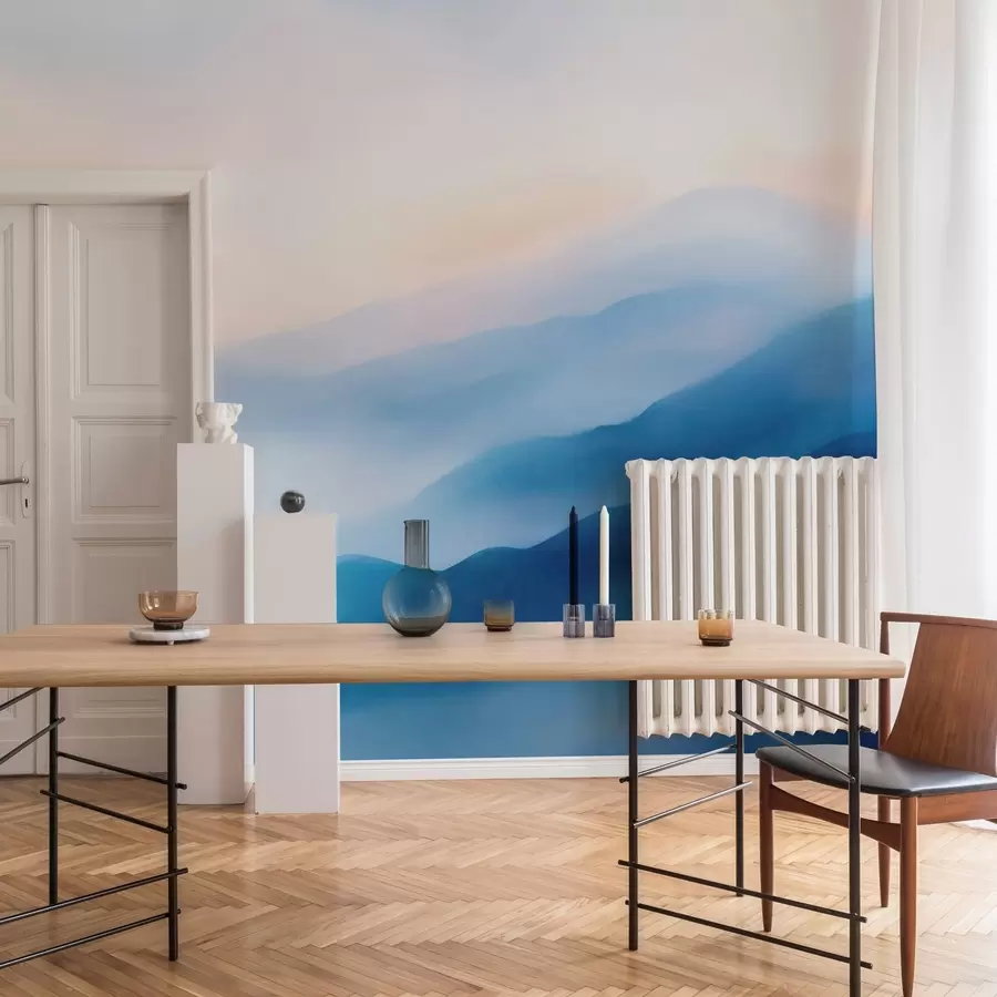 murais de parede Montanhas pintadas em aquarela num azul suave, com degradés etéreos e uma profundidade atmosférica w05605