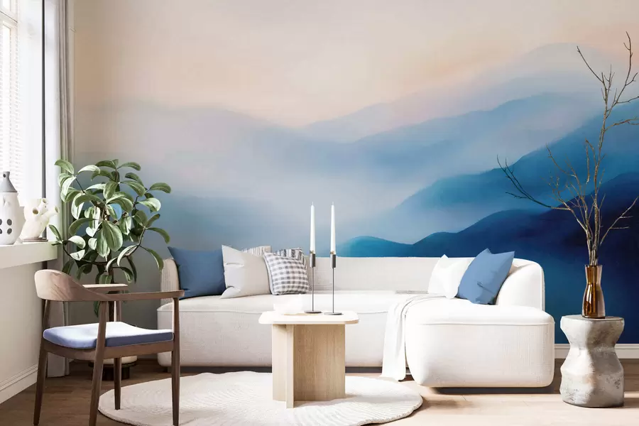 murais de parede Montanhas pintadas em aquarela num azul suave, com degradés etéreos e uma profundidade atmosférica w05605