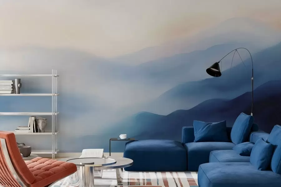 murais de parede Montanhas pintadas em aquarela num azul suave, com degradés etéreos e uma profundidade atmosférica w05605