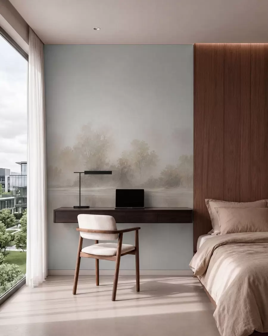 murais de parede Paisagem minimalista envolta em neblina, com reflexos delicados em tons neutros e quentes w05606