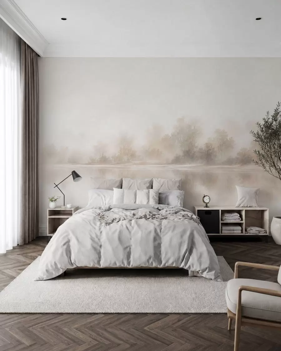 murais de parede Paisagem minimalista envolta em neblina, com reflexos delicados em tons neutros e quentes w05606