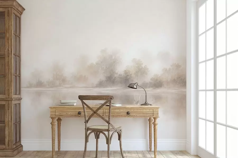 murais de parede Paisagem minimalista envolta em neblina, com reflexos delicados em tons neutros e quentes w05606