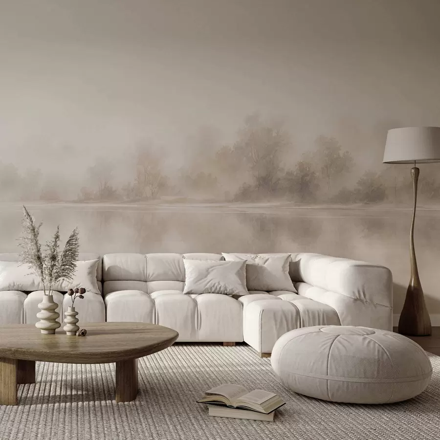 murais de parede Paisagem minimalista envolta em neblina, com reflexos delicados em tons neutros e quentes w05606
