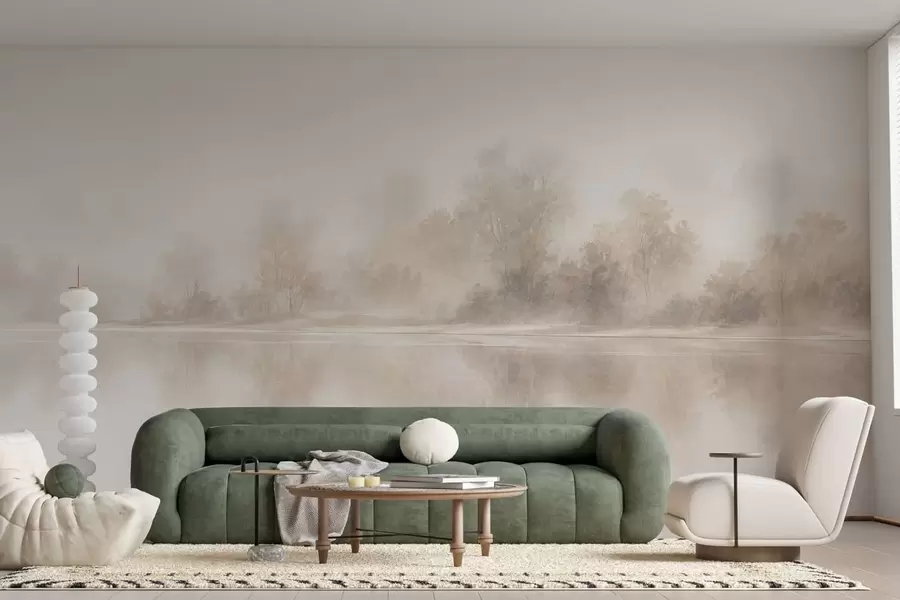 murais de parede Paisagem minimalista envolta em neblina, com reflexos delicados em tons neutros e quentes w05606
