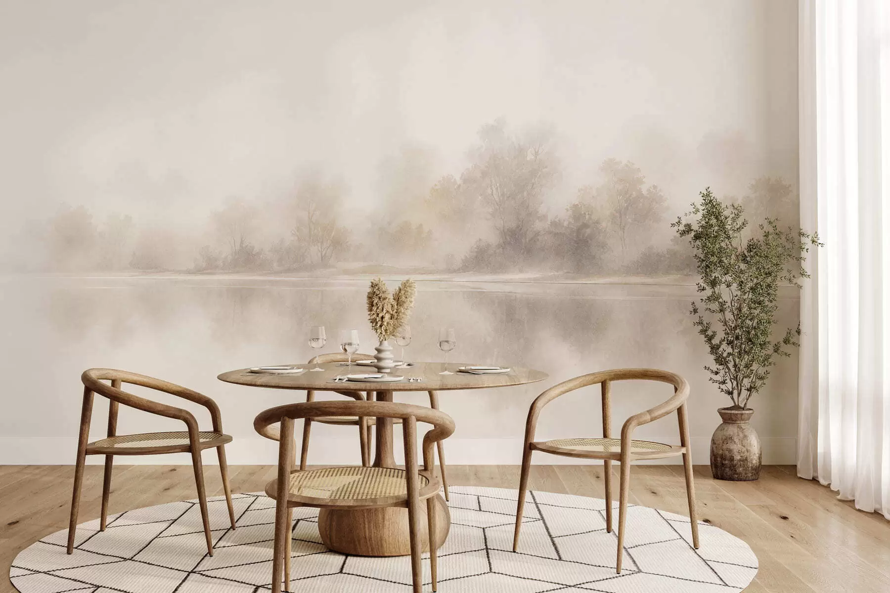 murais de parede Paisagem minimalista envolta em neblina, com reflexos delicados em tons neutros e quentes w05606
