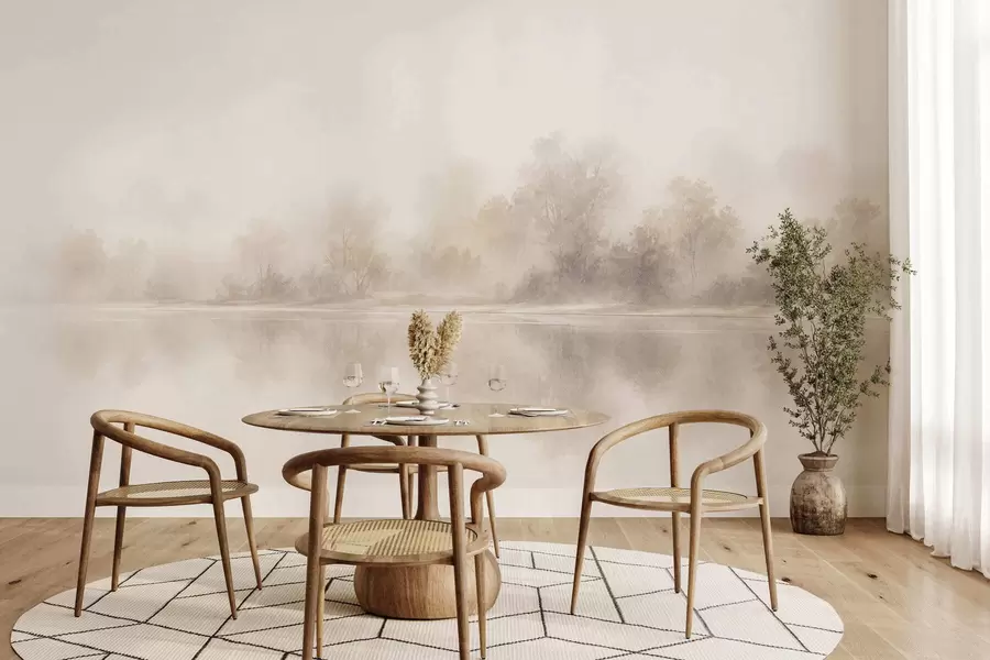 murais de parede Paisagem minimalista envolta em neblina, com reflexos delicados em tons neutros e quentes w05606