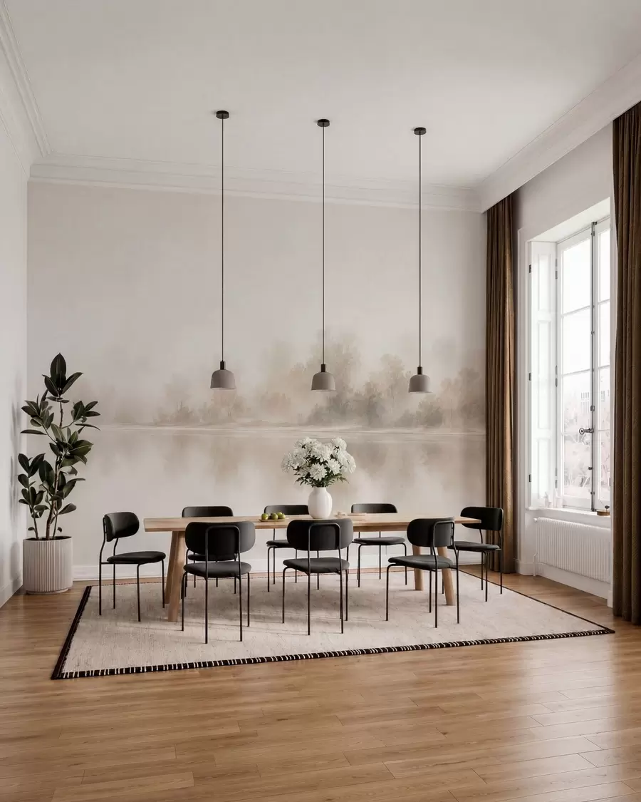 murais de parede Paisagem minimalista envolta em neblina, com reflexos delicados em tons neutros e quentes w05606