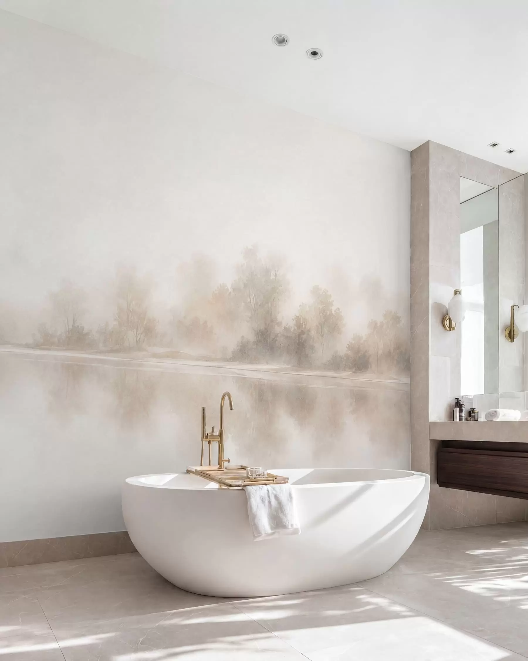 murais de parede Paisagem minimalista envolta em neblina, com reflexos delicados em tons neutros e quentes w05606
