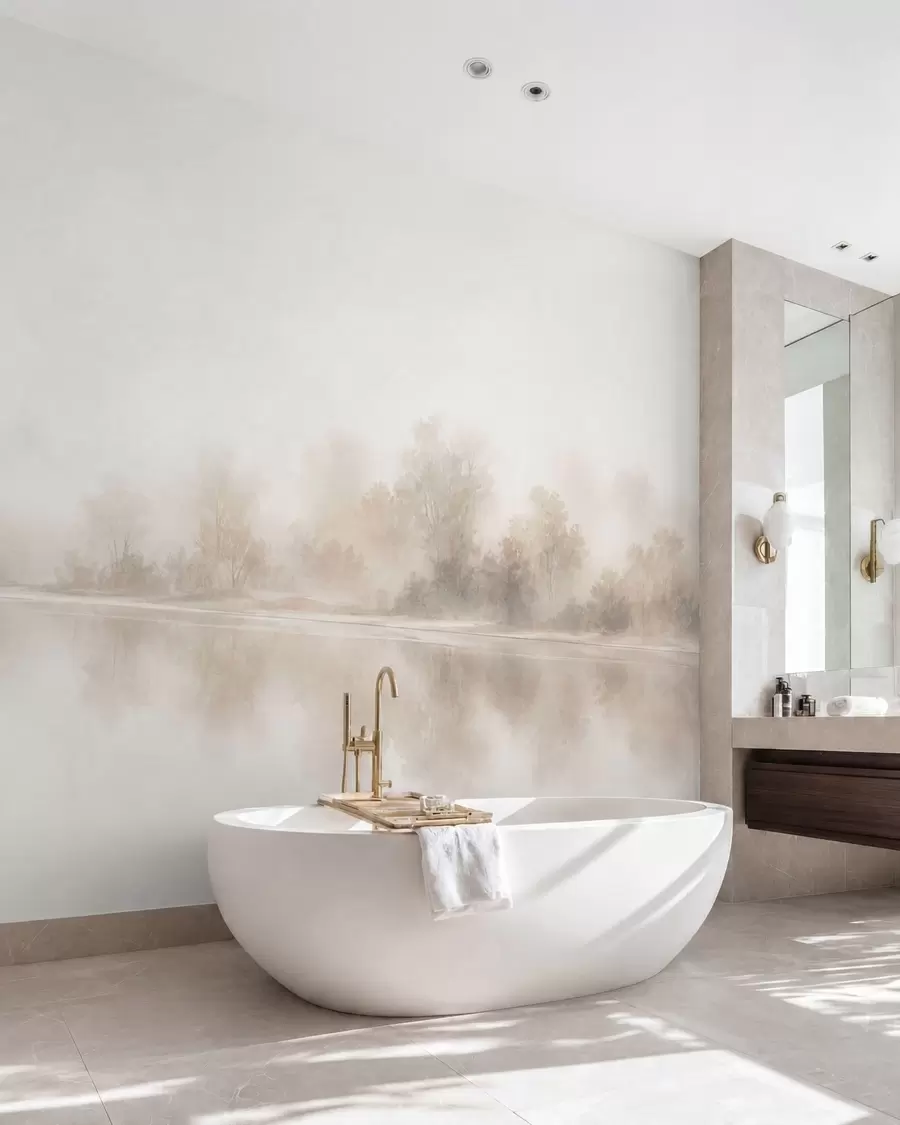 murais de parede Paisagem minimalista envolta em neblina, com reflexos delicados em tons neutros e quentes w05606