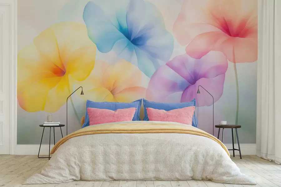 murais de parede Flores coloridas e translúcidas em tons suaves de pastel, com um efeito de aguarela de sonho w05607