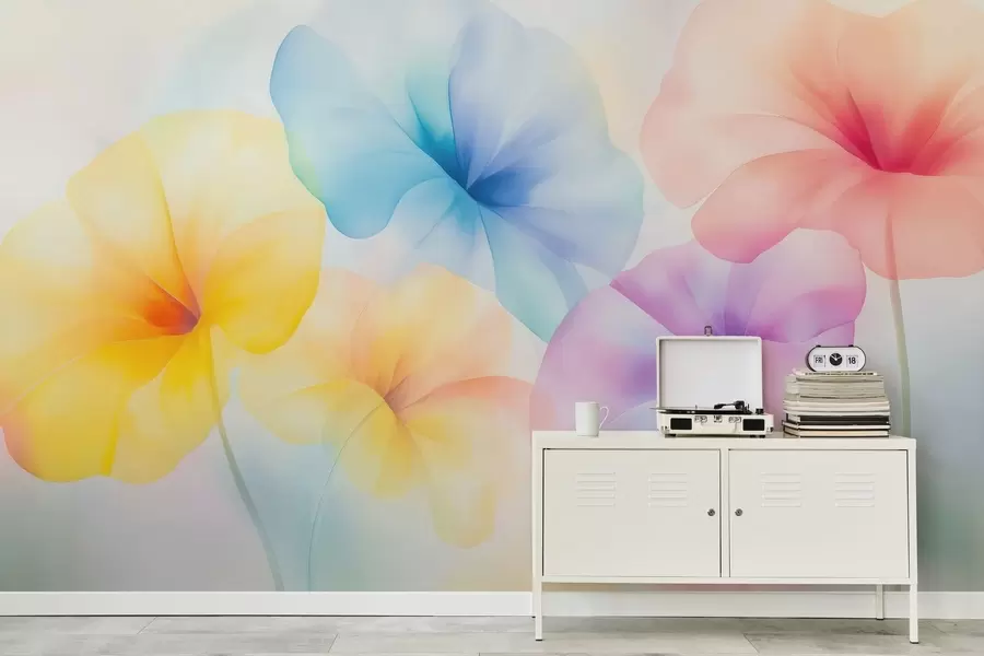 murais de parede Flores coloridas e translúcidas em tons suaves de pastel, com um efeito de aguarela de sonho w05607