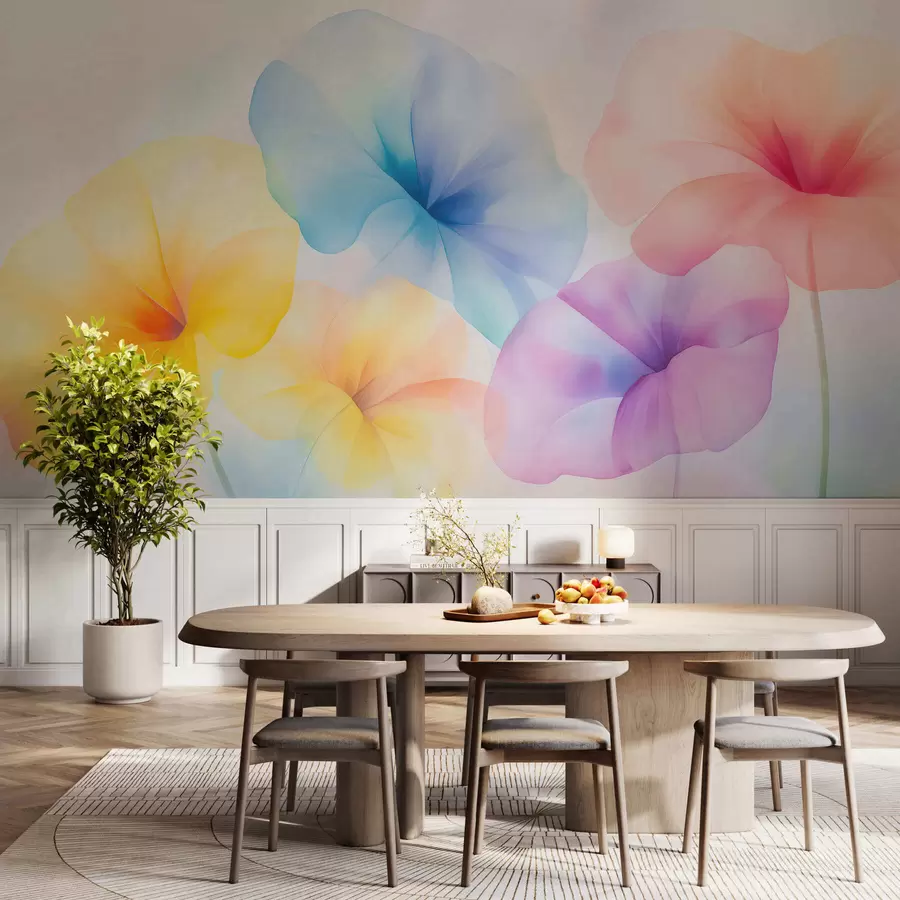 murais de parede Flores coloridas e translúcidas em tons suaves de pastel, com um efeito de aguarela de sonho w05607