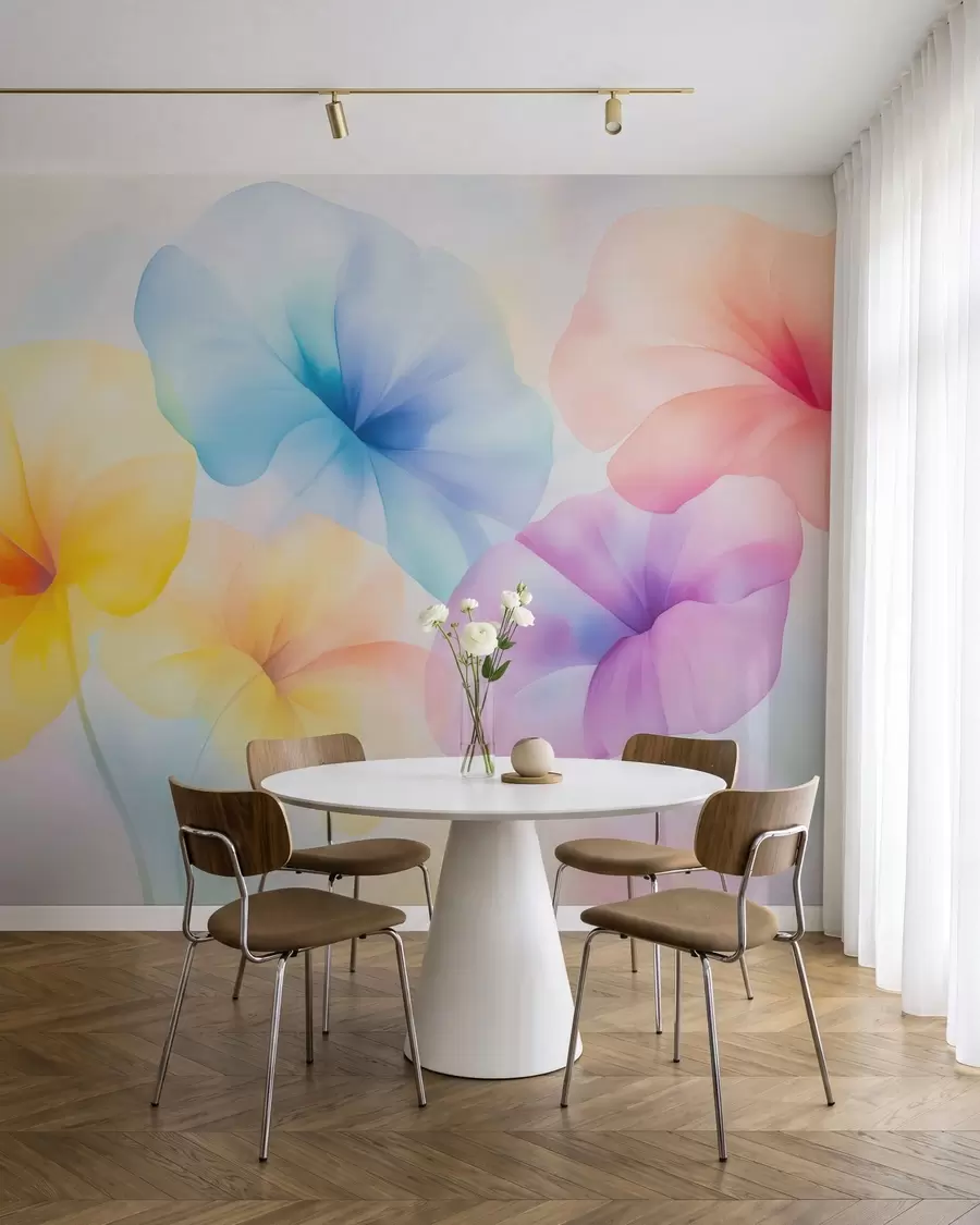 murais de parede Flores coloridas e translúcidas em tons suaves de pastel, com um efeito de aguarela de sonho w05607