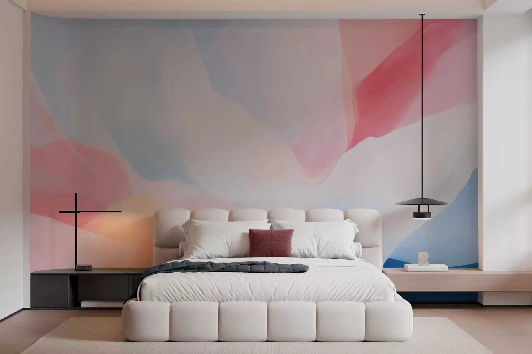 murais de parede Ondas abstratas em tons pastel com suaves gradientes de rosa e azul, em estilo aquarela w05609