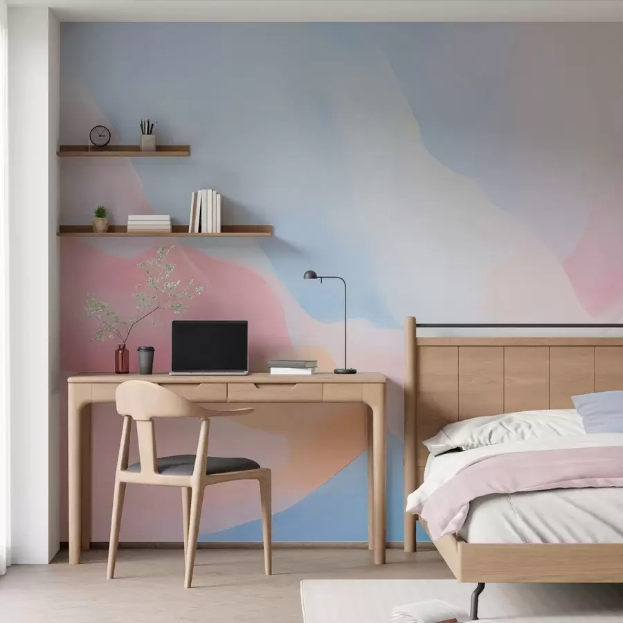 murais de parede Ondas abstratas em tons pastel com suaves gradientes de rosa e azul, em estilo aquarela w05609