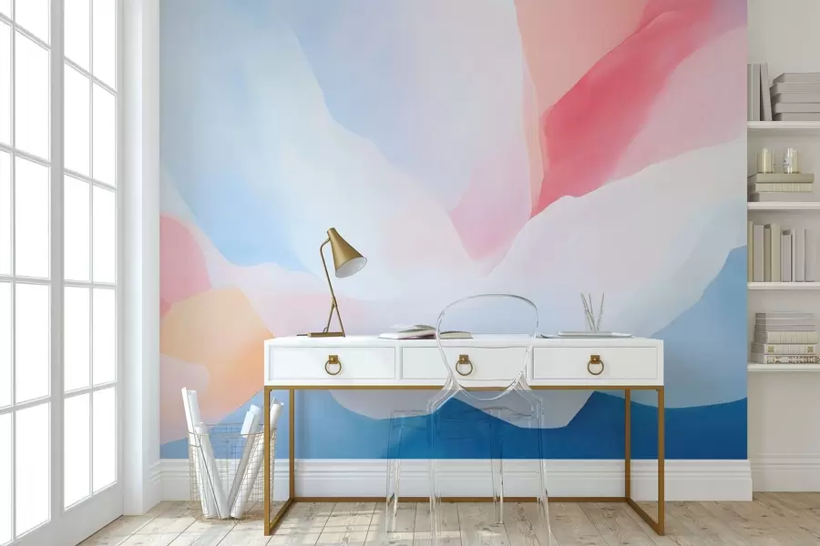 murais de parede Ondas abstratas em tons pastel com suaves gradientes de rosa e azul, em estilo aquarela w05609