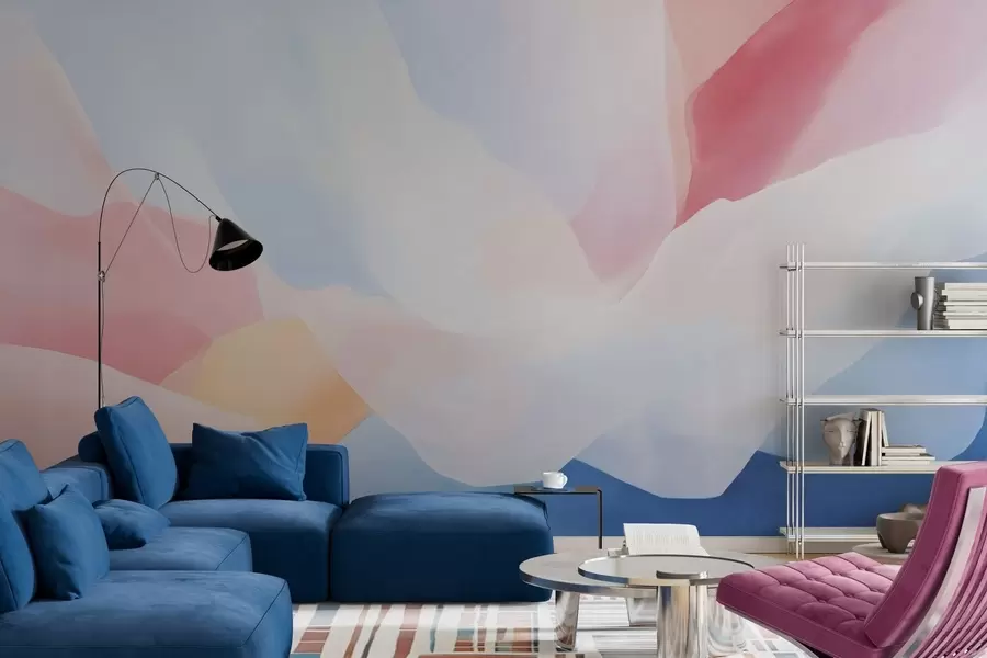 murais de parede Ondas abstratas em tons pastel com suaves gradientes de rosa e azul, em estilo aquarela w05609