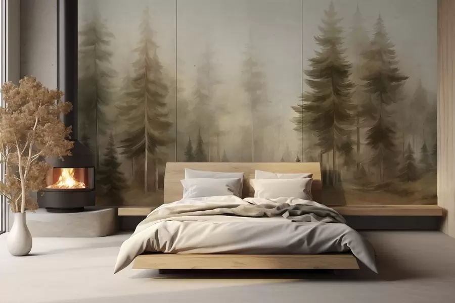 murais de parede Uma floresta densa com pinheiros altos envolta num nevoeiro leve, uma obra de arte paisagística com textura w09830