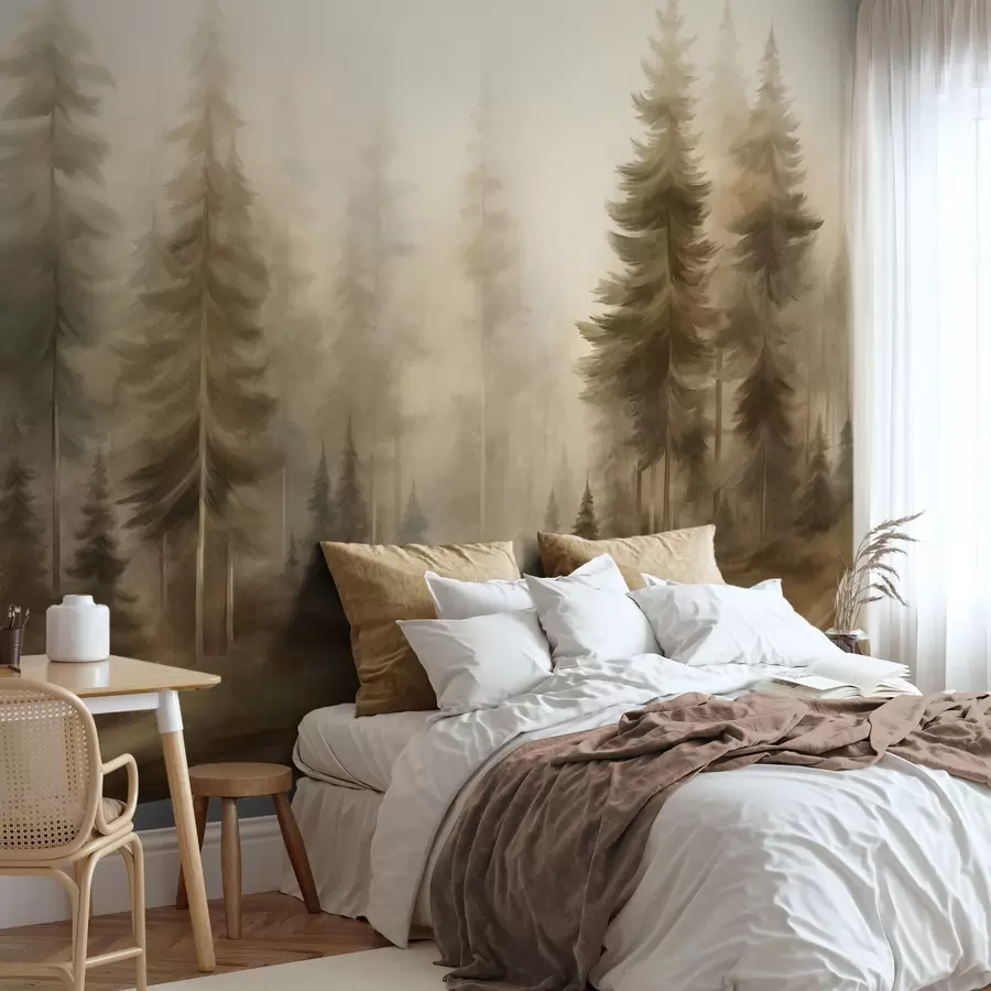 murais de parede Uma floresta densa com pinheiros altos envolta num nevoeiro leve, uma obra de arte paisagística com textura w09830