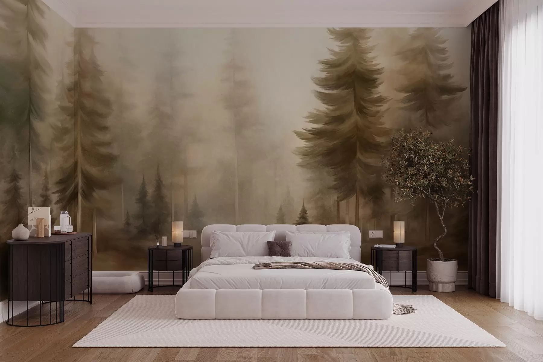 murais de parede Uma floresta densa com pinheiros altos envolta num nevoeiro leve, uma obra de arte paisagística com textura w09830