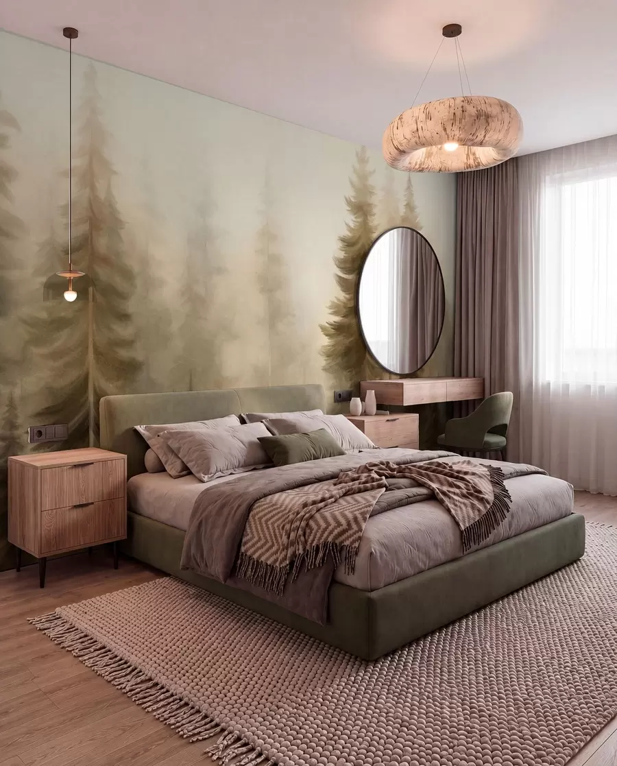 murais de parede Uma floresta densa com pinheiros altos envolta num nevoeiro leve, uma obra de arte paisagística com textura w09830