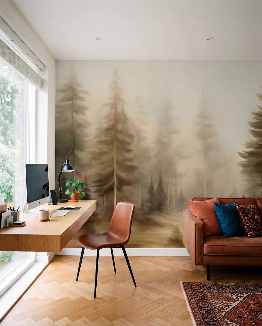murais de parede Uma floresta densa com pinheiros altos envolta num nevoeiro leve, uma obra de arte paisagística com textura w09830