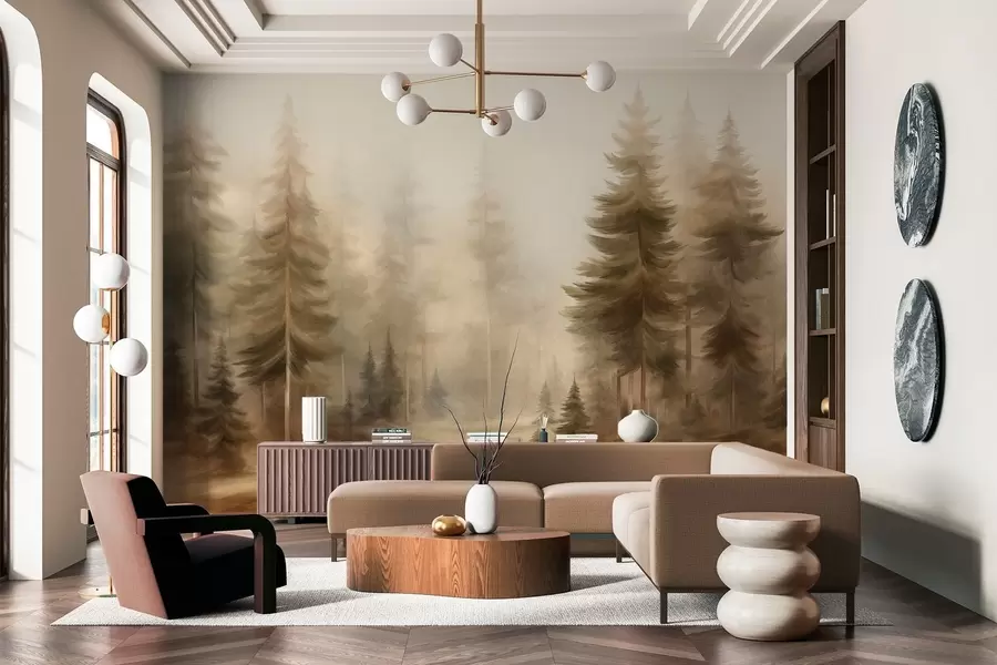 murais de parede Uma floresta densa com pinheiros altos envolta num nevoeiro leve, uma obra de arte paisagística com textura w09830