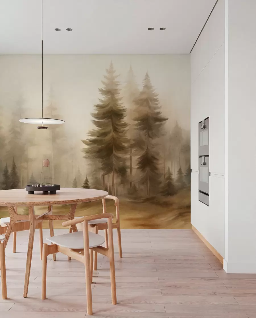 murais de parede Uma floresta densa com pinheiros altos envolta num nevoeiro leve, uma obra de arte paisagística com textura w09830