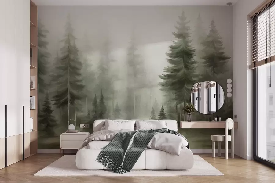 murais de parede Uma floresta densa com pinheiros altos envolta num nevoeiro leve, uma obra de arte paisagística com textura w09830v1