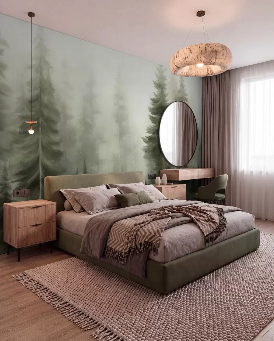 murais de parede Uma floresta densa com pinheiros altos envolta num nevoeiro leve, uma obra de arte paisagística com textura w09830v1