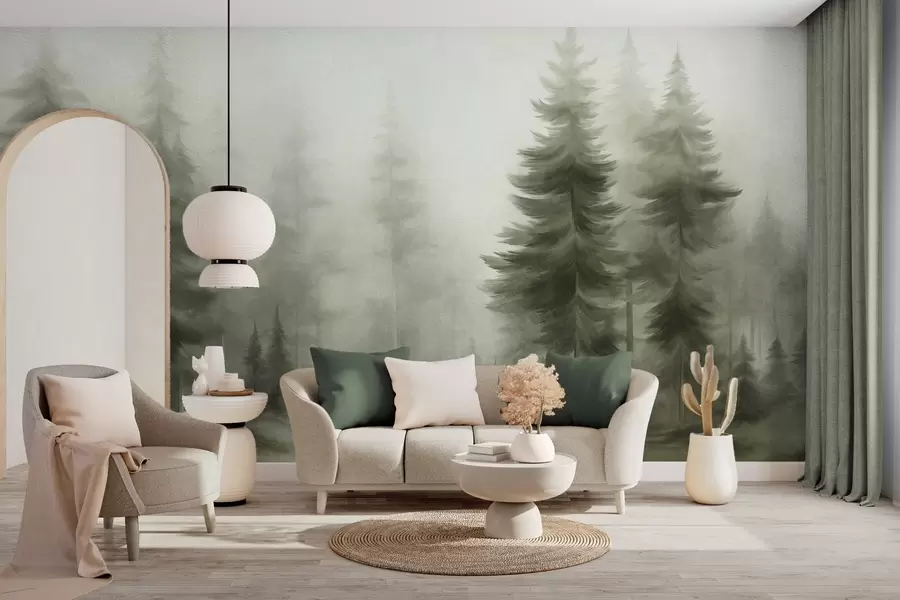 murais de parede Uma floresta densa com pinheiros altos envolta num nevoeiro leve, uma obra de arte paisagística com textura w09830v1